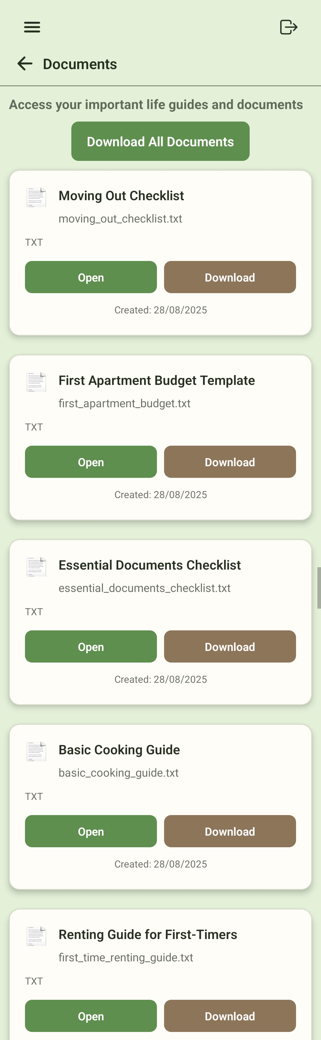 Documents screen showing moving guides and download actions