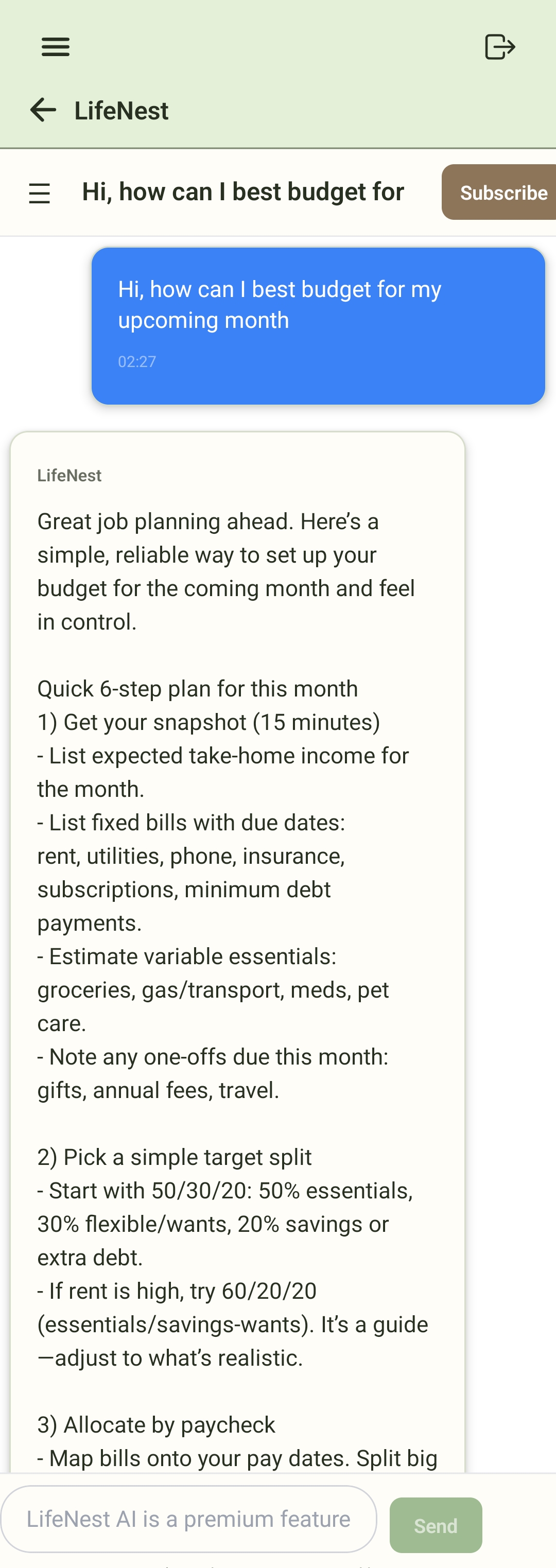 LifeNest AI chat screen with budgeting guidance