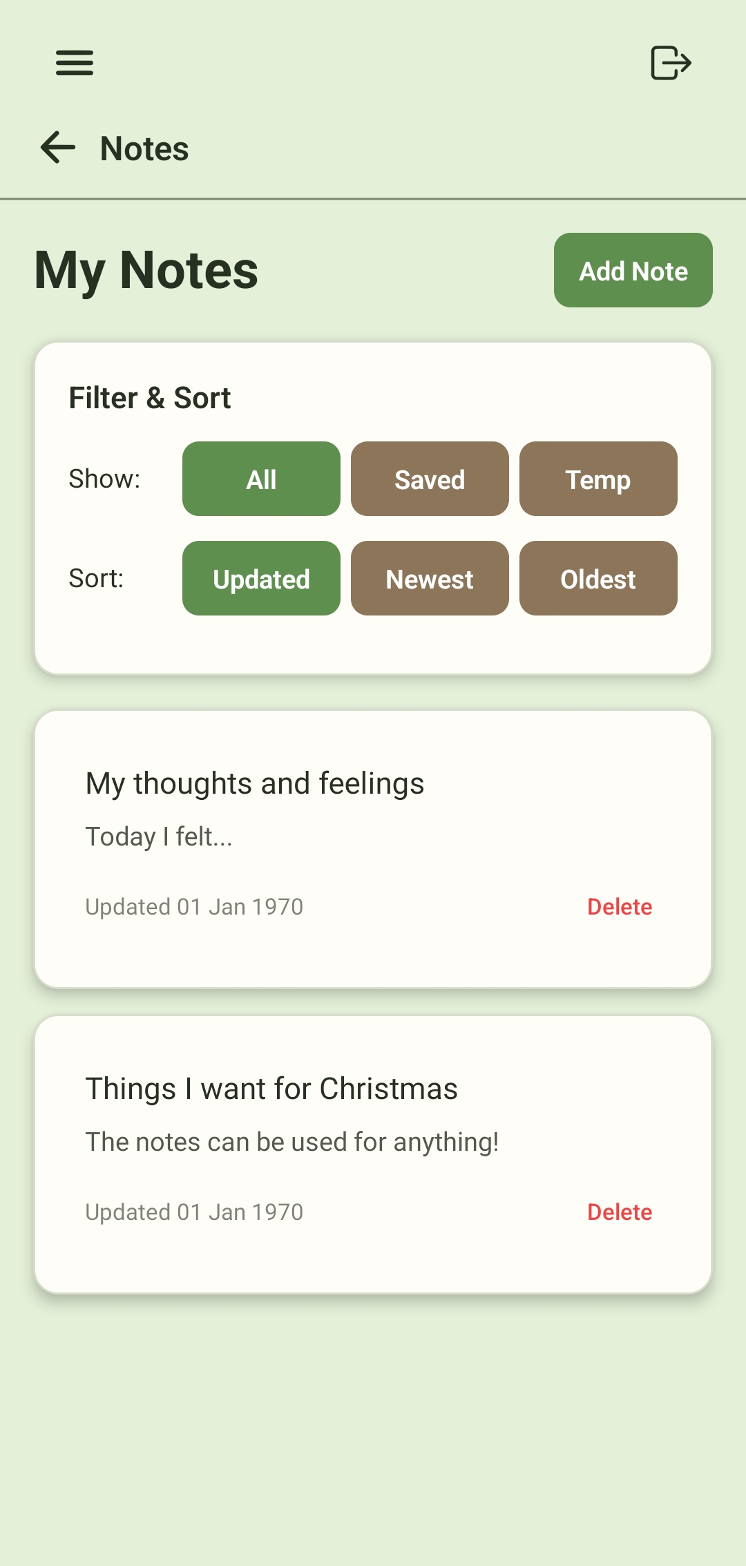 Notes screen showing multiple note cards